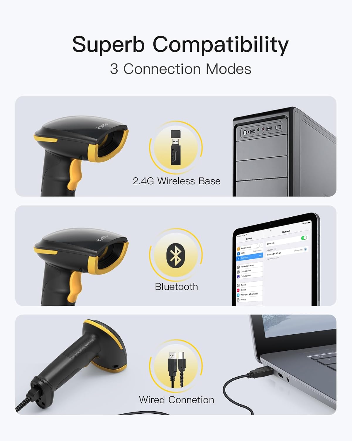 2D Barcode Scanner with Intelligent Stand, Wireless QR Code Scanner, Handheld Scanner with APP and SDK, 2D Imager
