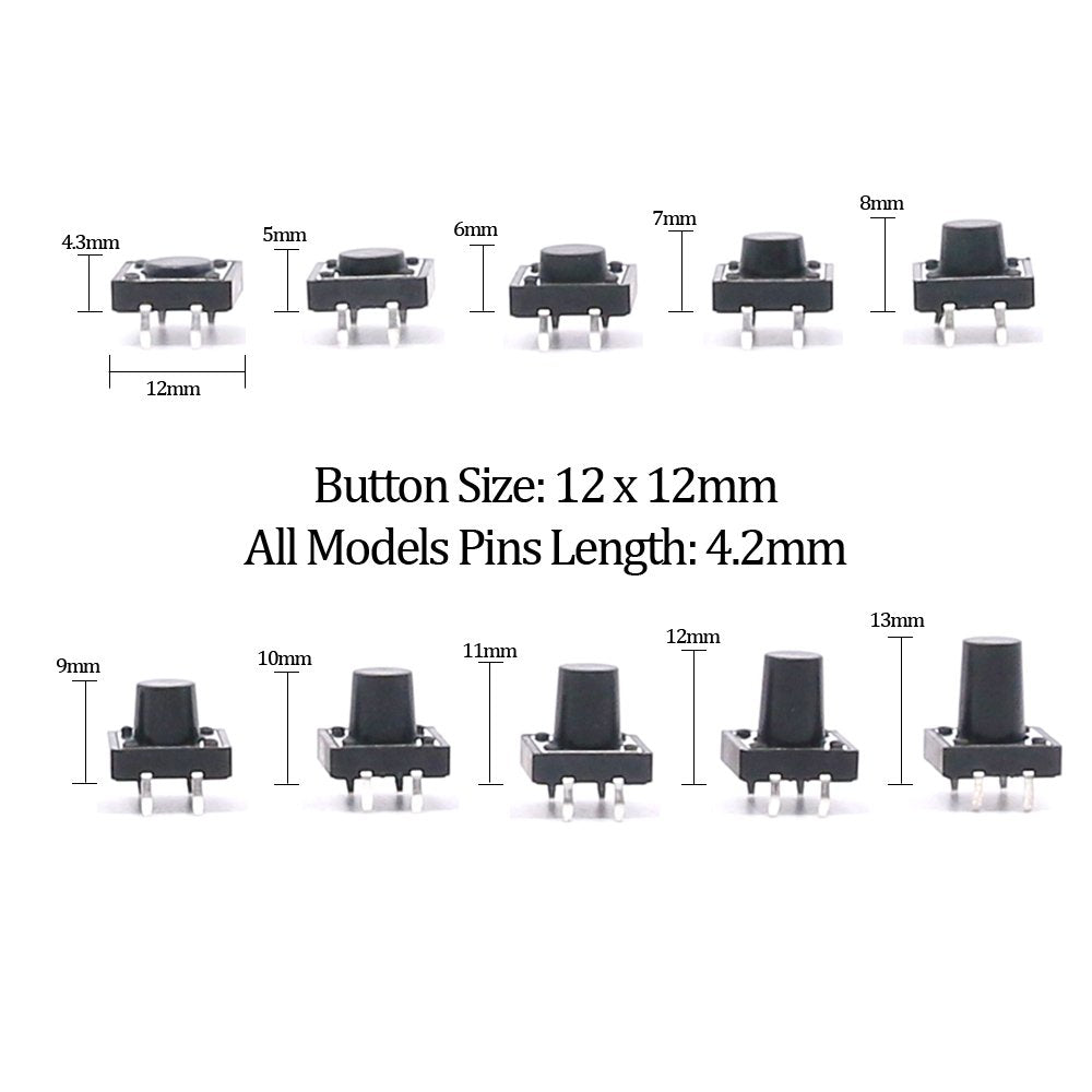 Hilitchi 250-Pcs 6 x 6mm 12 x 12mm Tactile Push Button Switch Micro Momentary Tact Assortment Kit - 20 Value / 4 Pins