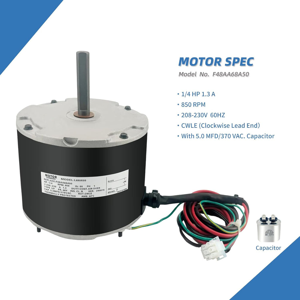 F48AA68A50 Condenser Fan Motor Replace for York, Coleman, GE, Genteq | Luxaire, Century A.O. Smith F48M27A50