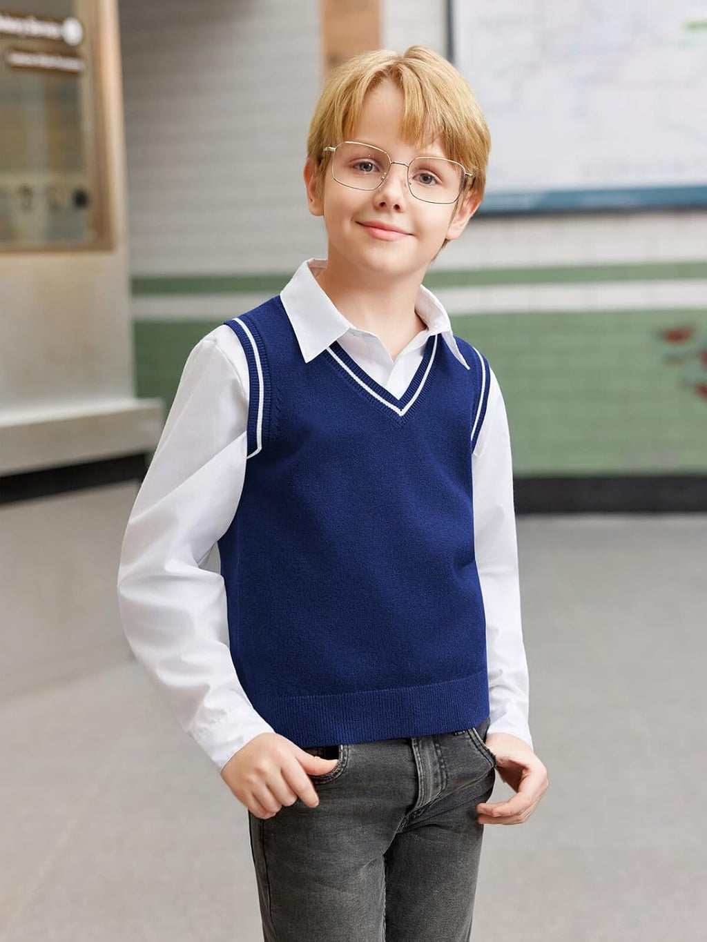 Boys Sweater Vest Kids Uniform Vest Casual V Neck Knit Pullover Sweater 5-14Y