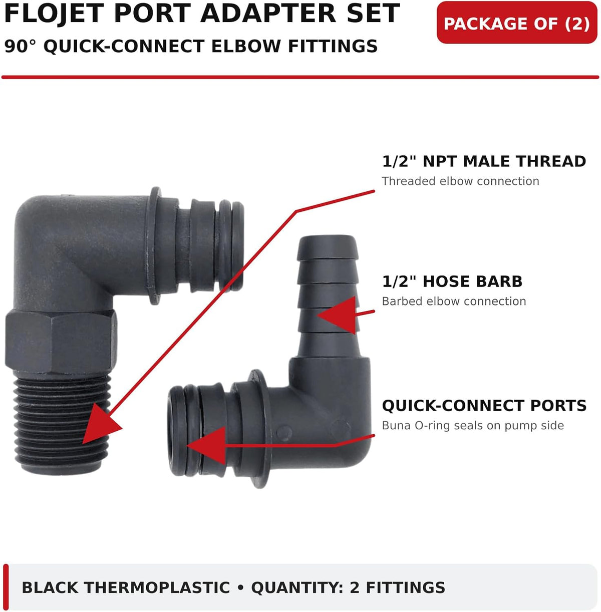Flojet 20381-102 1/2" Hose Barb and 1/2" NPT Pump Fittings, 2-Pack