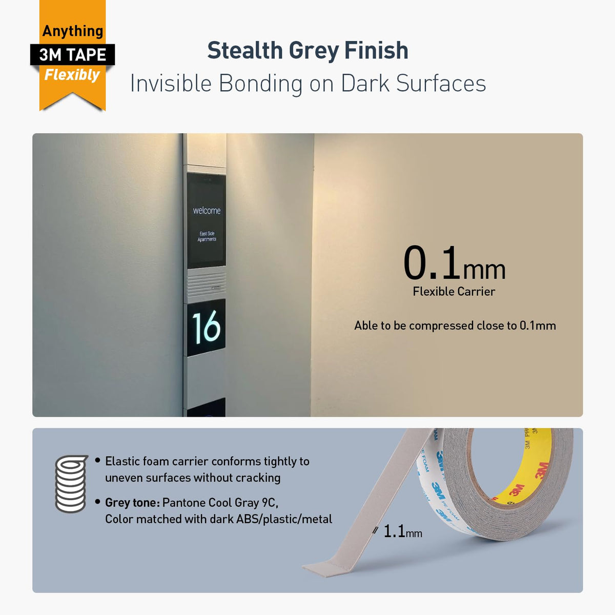 3M Double Sided Tape, 1/2" x 18Ft Foam Tape, 1600TG, Grey