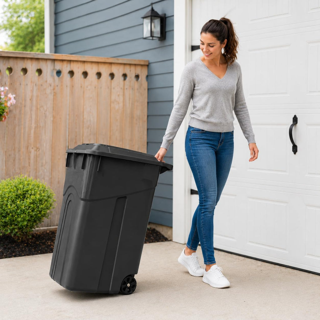 32 Gallon Wheeled Heavy Duty Garbage Can with Attached Lid, Durable Plastic Outdoor Trash Can for Home, Garage &