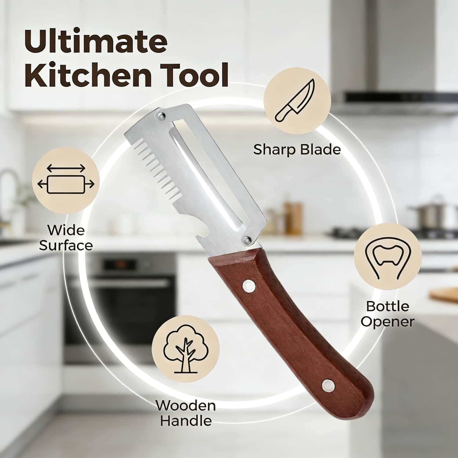 Multifunctional Vegetable Peeler，With wooden handle & bottle opener and grater 3 in 1 kitchen gadgets for potatoes