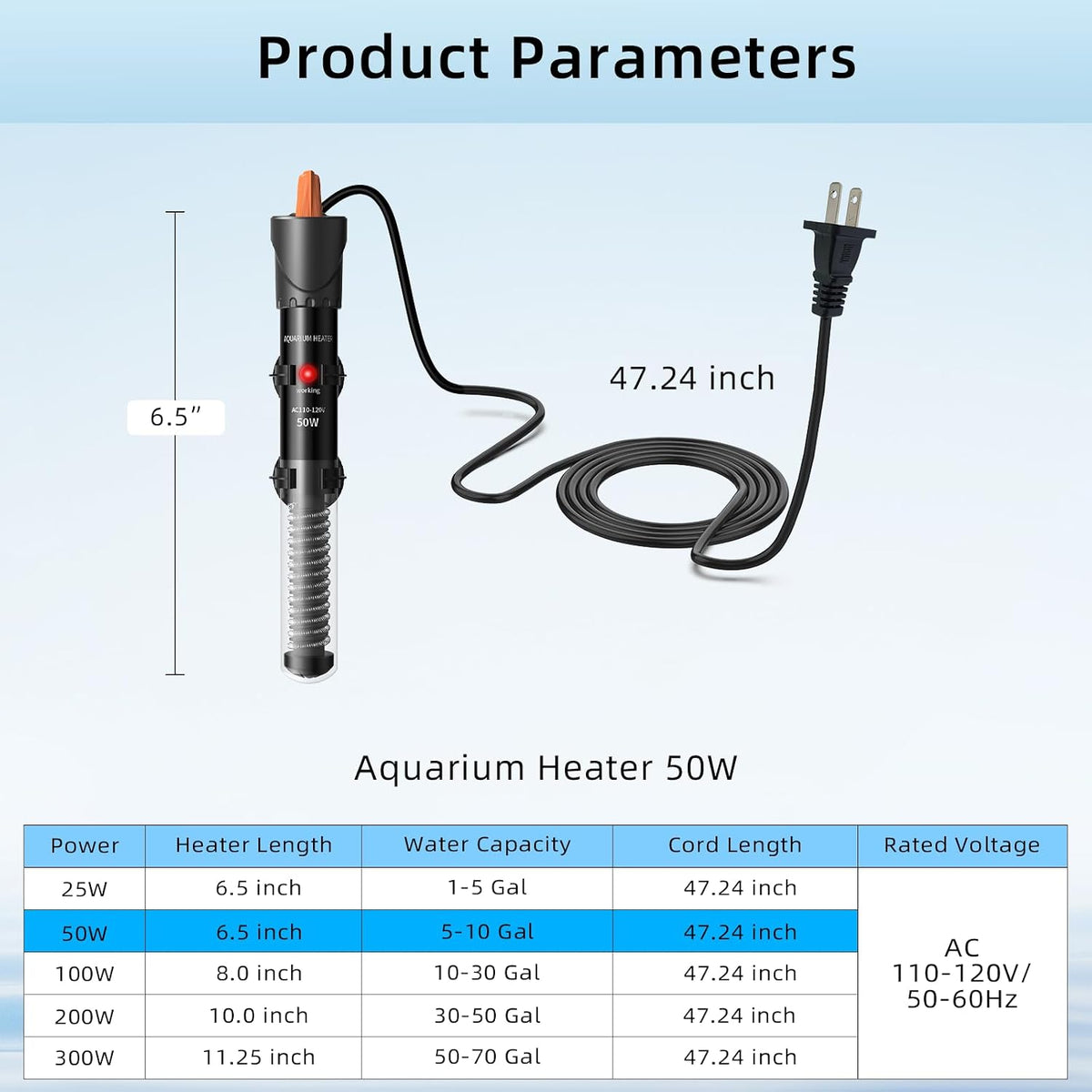 Aquarium Heater 25W/50W/100W/200W/300W, Adjustable Knob Fish Tank Heater with Digital Thermometer, Submersible