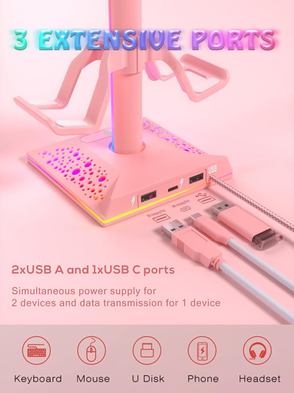 COM RGB Gaming Headphones Stand with 2 USB Ports, Pink Headset Stand with 10 Light Modes and Non-Slip Rubber
