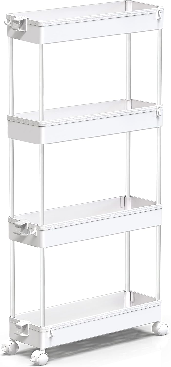 Slim Rolling Storage Cart 4 Tier Bathroom Organizer Mobile Shelving Unit Utility Cart Tower Rack for Kitchen Laundry