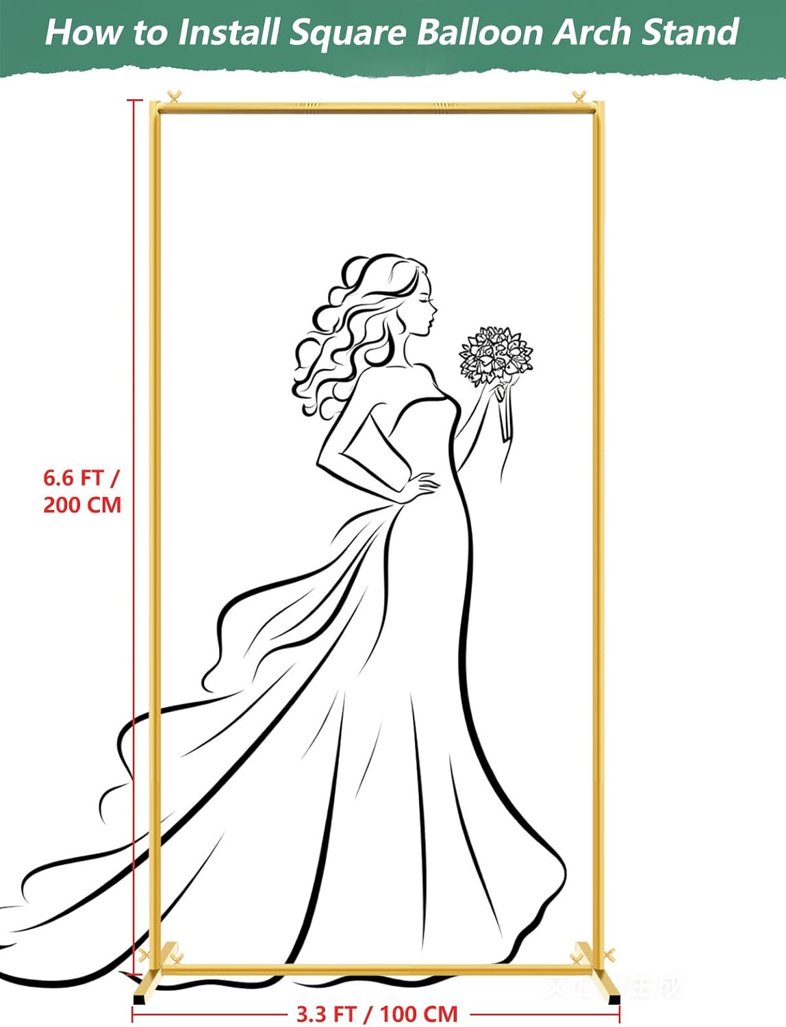 Gold Wedding Arch Backdrop Stand, 6.6 * 3.3FT Square Backdrop Stand Balloon Flower Metal Frame for Ceremony
