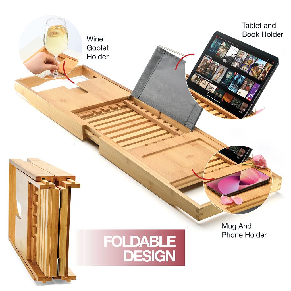 Luxury Premium Bathtub Tray Caddy - Foldable, Expandable, Fits Most Tubs