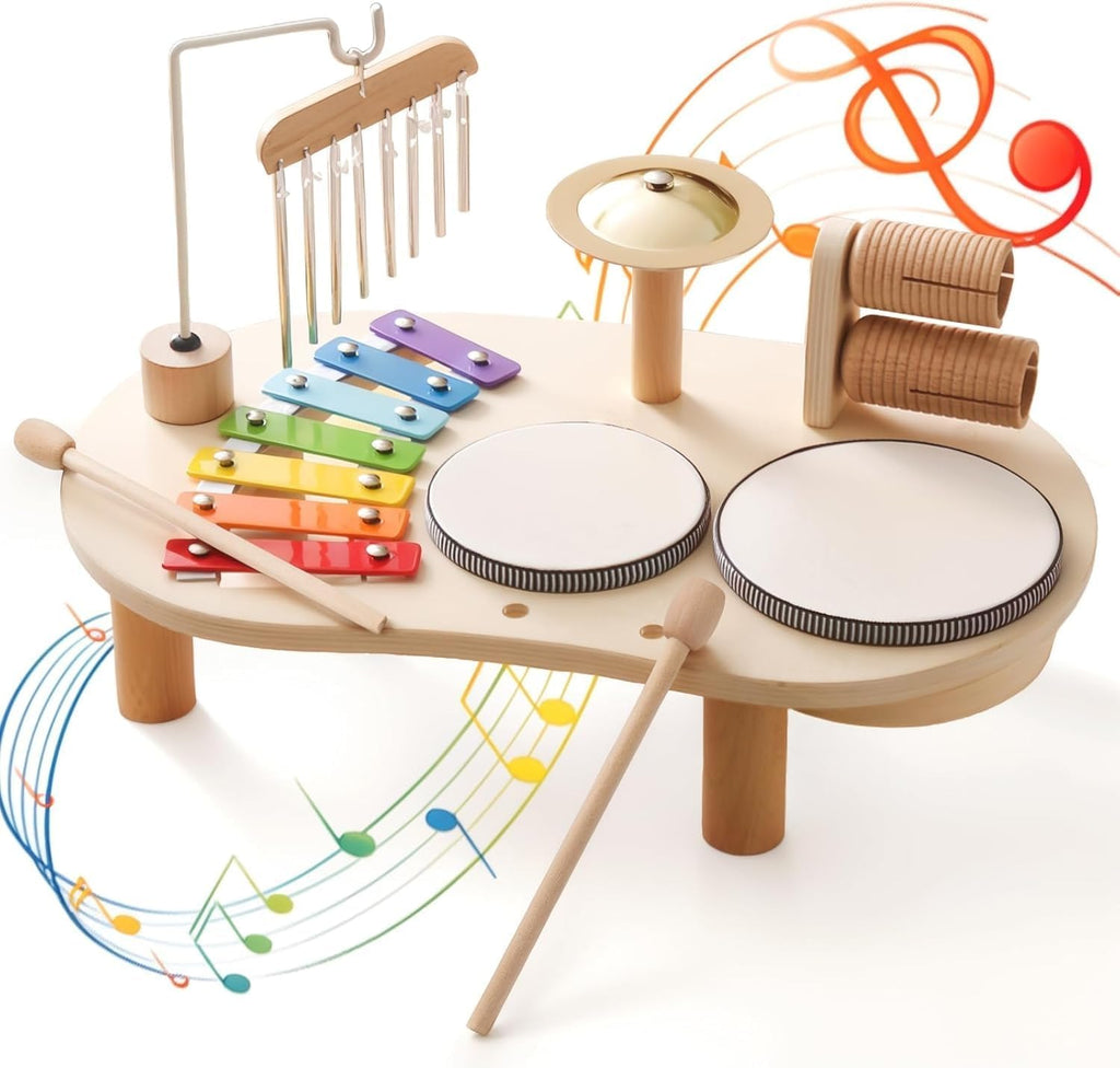 Wooden Drum Set for Toddlers 1-3, Musical Percussion Instruments for Kids Baby Drum Set Xylophone, Montessori