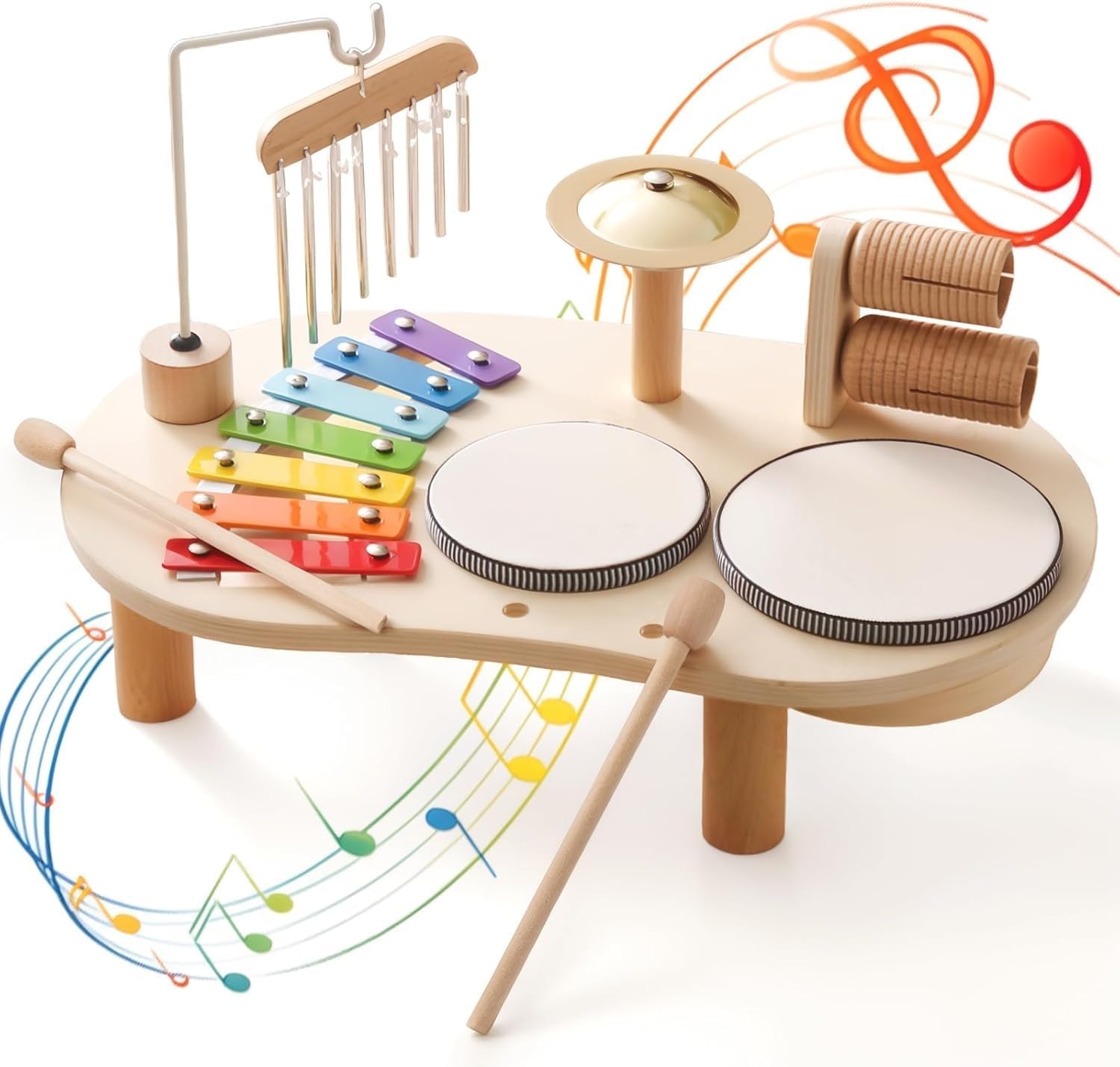 Wooden Drum Set for Toddlers 1-3, Musical Percussion Instruments for Kids Baby Drum Set Xylophone, Montessori