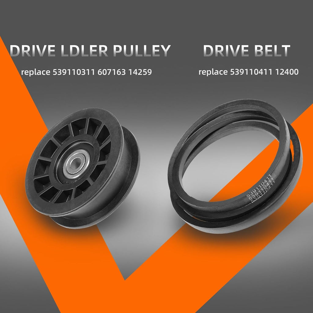 539110311 Idler Pulley & 539110411 Drive Belt Kit Compatible with Husqvarna Z254F Z200 RZ4623 CZ3815 CZ4217 Lawn Mower, Replace 607163 14259 12400