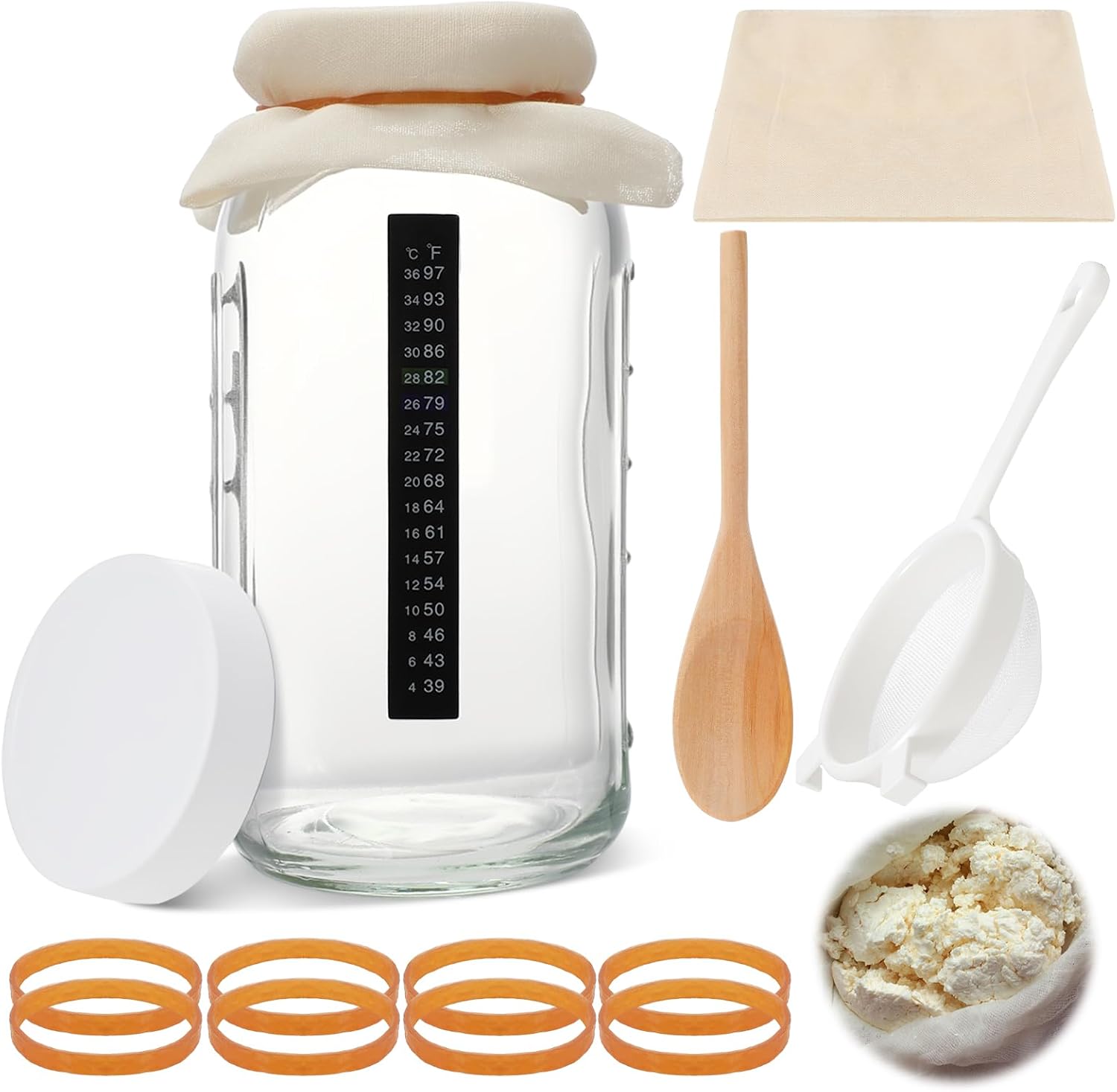 8 Pcs Kefir Jar Kit, 64 oz Wide Mouth with Strainer, Regular | Milk Kefir Fermentation Jar, Plastic Lid, Cotton