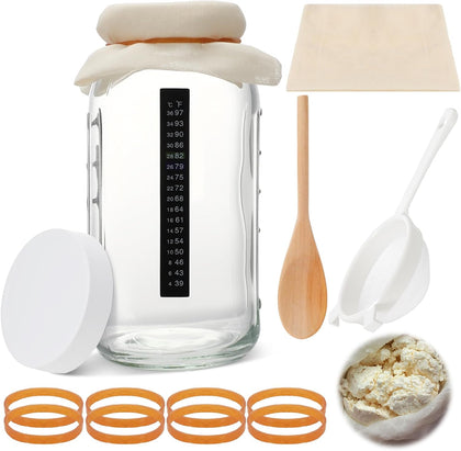 8 Pcs Kefir Jar Kit, 64 oz Wide Mouth with Strainer, Regular | Milk Kefir Fermentation Jar, Plastic Lid, Cotton