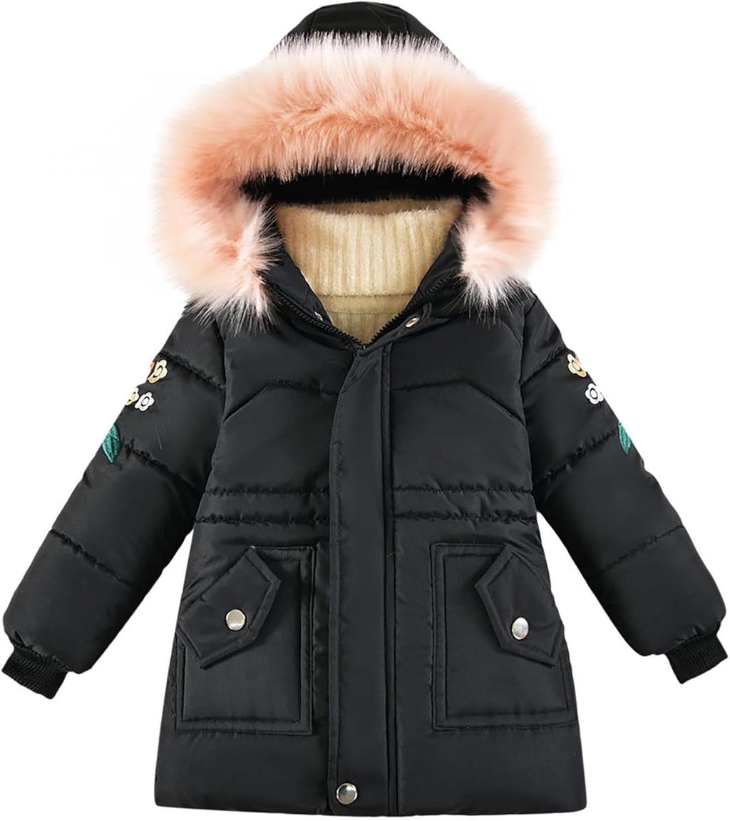 Girls Winter Coat Cute Zip Up Puffer Jackets Kids Warm Solid Quilted Padded Down Jacket Outwear with Faux Fur Hood
