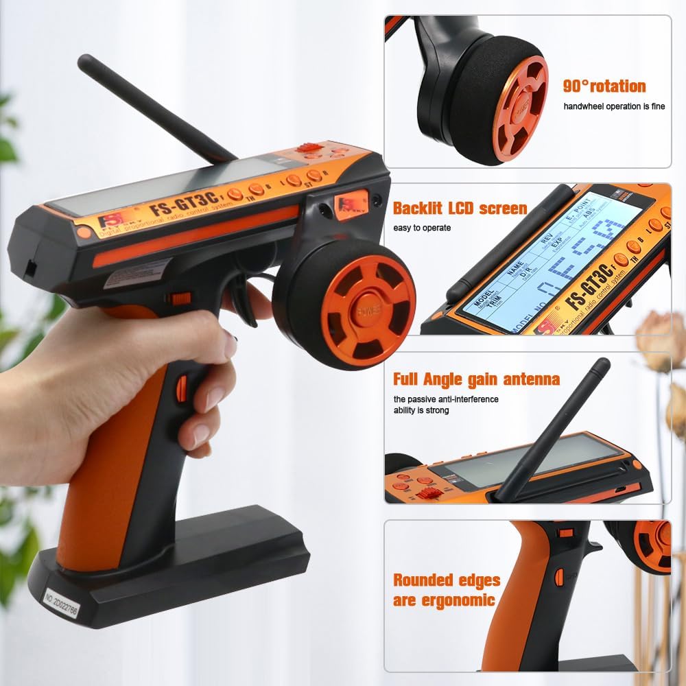 FS-GT3C RC Transmitter with FS-GR3E Receiver, 2.4GHz 3 Channel LCD Remote Controller and Receiver for RC Car Boat