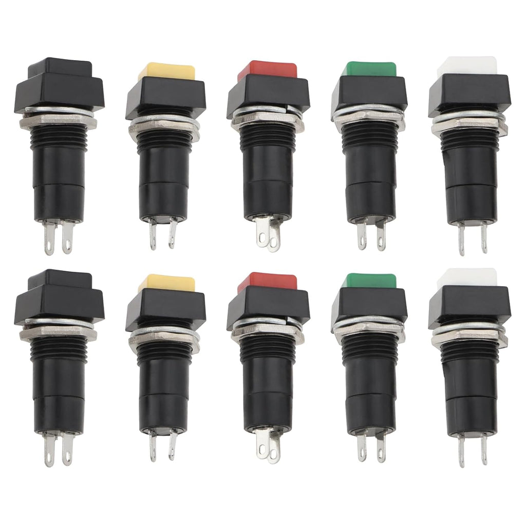 10pcs 12mm On Off Momentary Square Push Button Switch SPST Momentary Push Button Switch 250V/3A for Auto Electronics, Black White Yellow Green Red