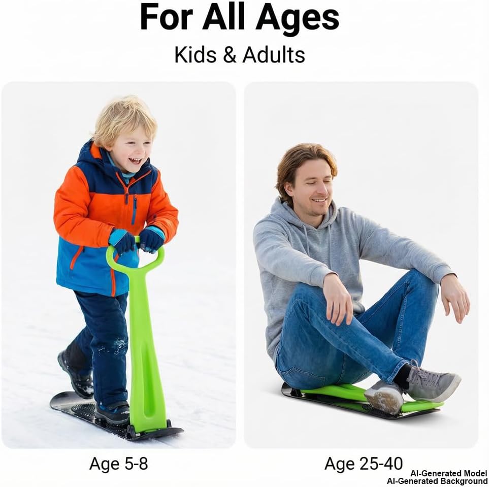 Snow Scooter, Fold-up Snowboard with Handlebar Kick-Scooter Sliding Snow Sled for Kids and Adults, Toddlers Ski Skate
