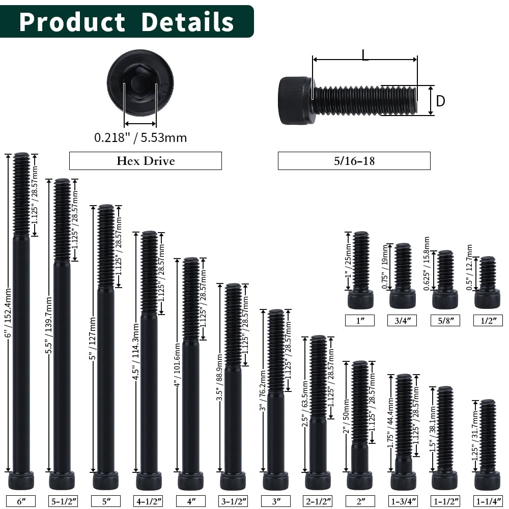 5/16-18 x 1" Socket Head Cap Screws Bolts, 12.9 Grade Alloy Steel, Black Oxide Finish, Allen Hex Drive, Full Thread, 10 PCS