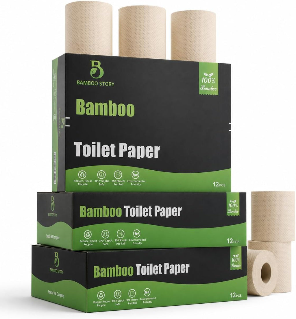 Bamboo Toilet Paper Unbleached, 12 Rolls, 3 Ply and 300 Sheets Bamboo Toilet Tissue - FSC Certified, Biodegradable