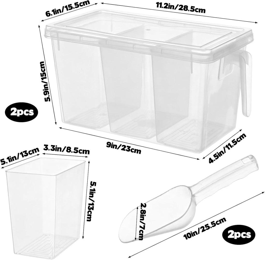 2 Set 3 Divided Ice Bin for Freezer with Lid and 2 Scoop Set Plastic Freezer Ice Bin with Pull-Out Handle Clear