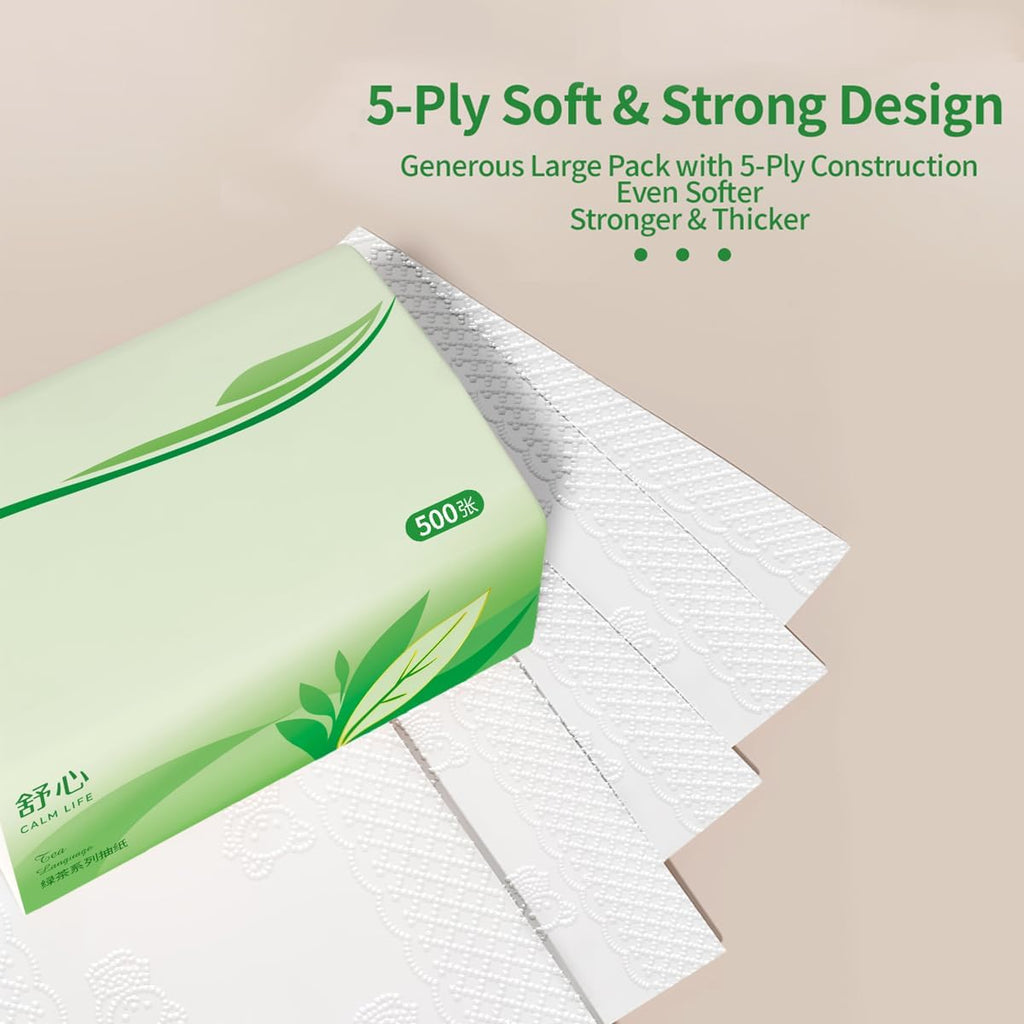 Ultra-Thick Facial Tissues 9000 Sheets, 5-Ply 1800 Draws Green Tea Scented Small Soft Pack Paper Tissue, Travel Size