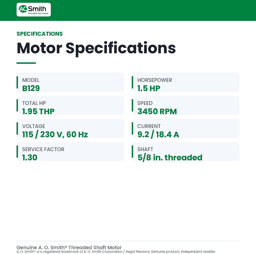 A.O. Smith Magnatek Threaded Shaft FR 1.5 HP Motor B129