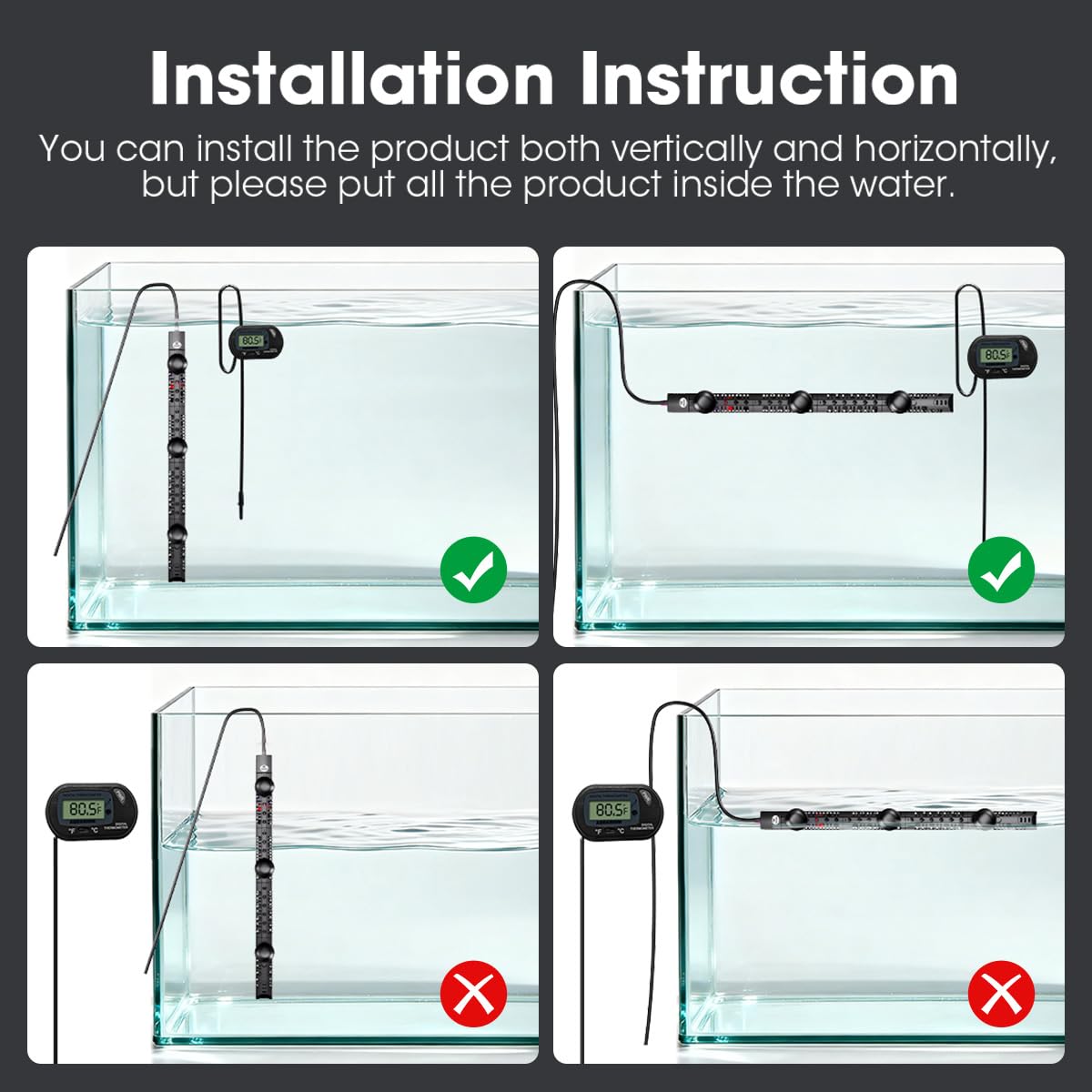 Submersible Aquarium Heater Auto Thermostat, 500W Fish Tank Heater with LCD Digital Aquarium Thermometer