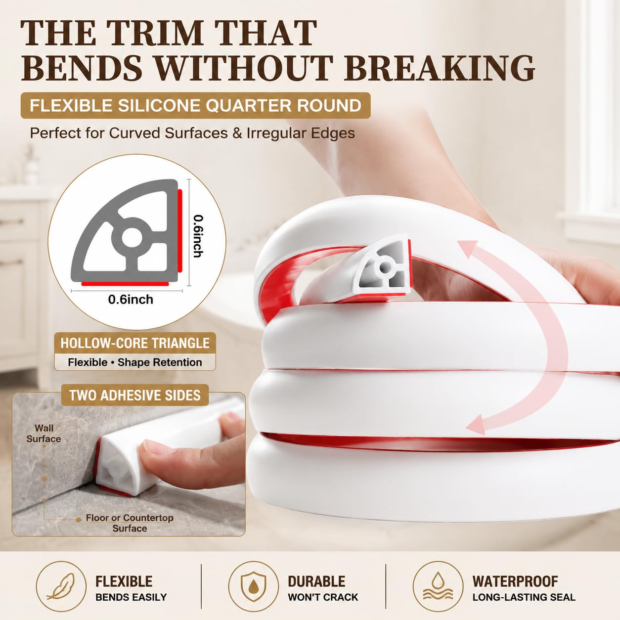 78 Inch Flexible Quarter Round Molding - Peel and Stick Shoe Molding Trim, Self-Adhesive Silicone Caulk Strip for