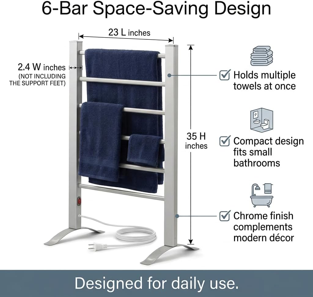 TW300 Towel Warmer Rack for Bathroom – 6-Bar Electric Heated Towel Rack, Wall Mounted or Freestanding Setup, Plug-In