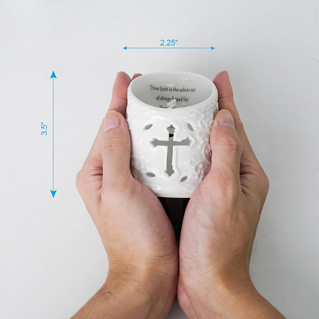 Candle Holder Ceramic Christian Cross Tea Light Holder with Bible Verse Tealight Cup Votive Candle Holder for Wedding
