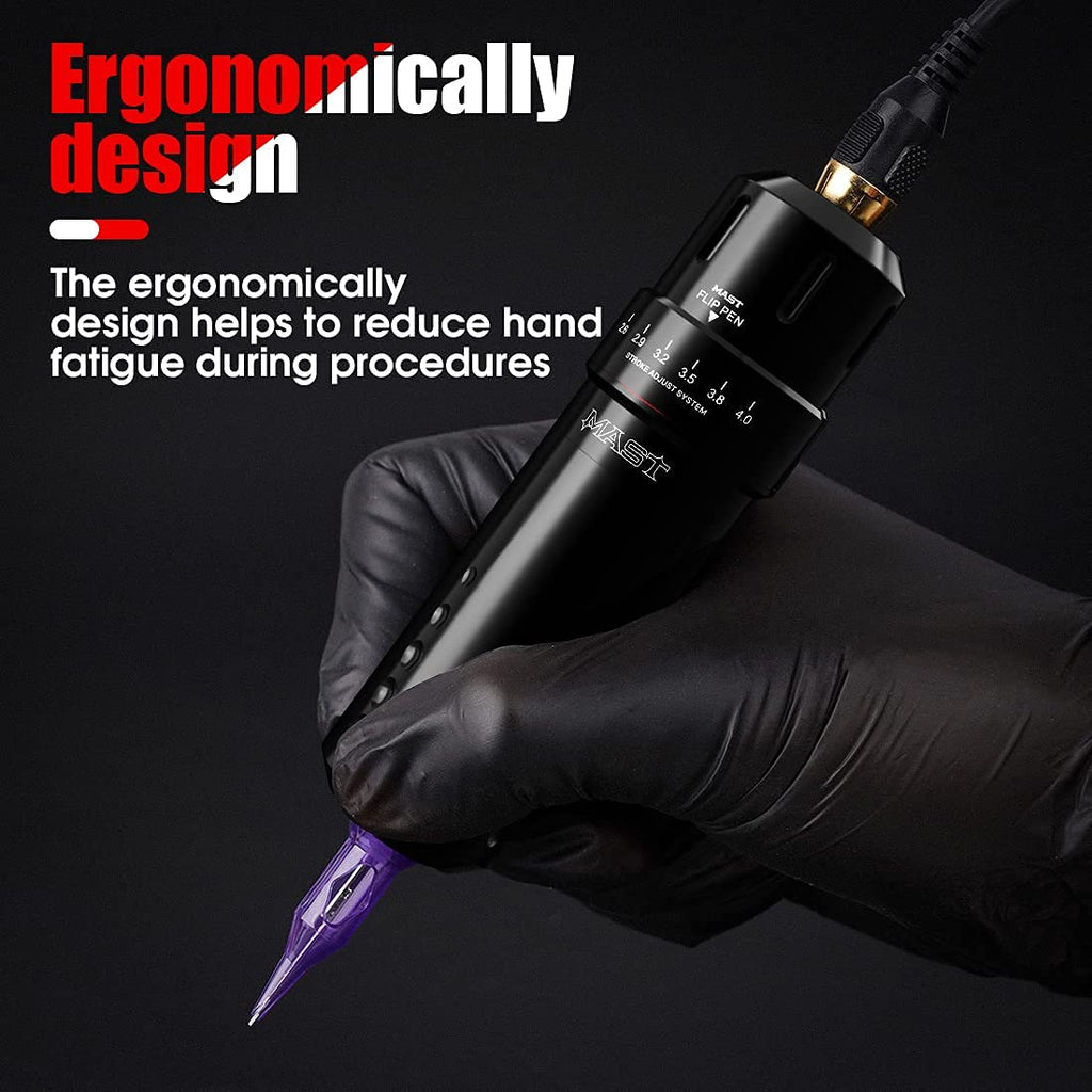 Flip Corded & Cordless Tattoo Gun Kit Rotary Tattoo Machine with 6 Strokes 2.6-4.0mm 2 Batteries 10 Needles Complete
