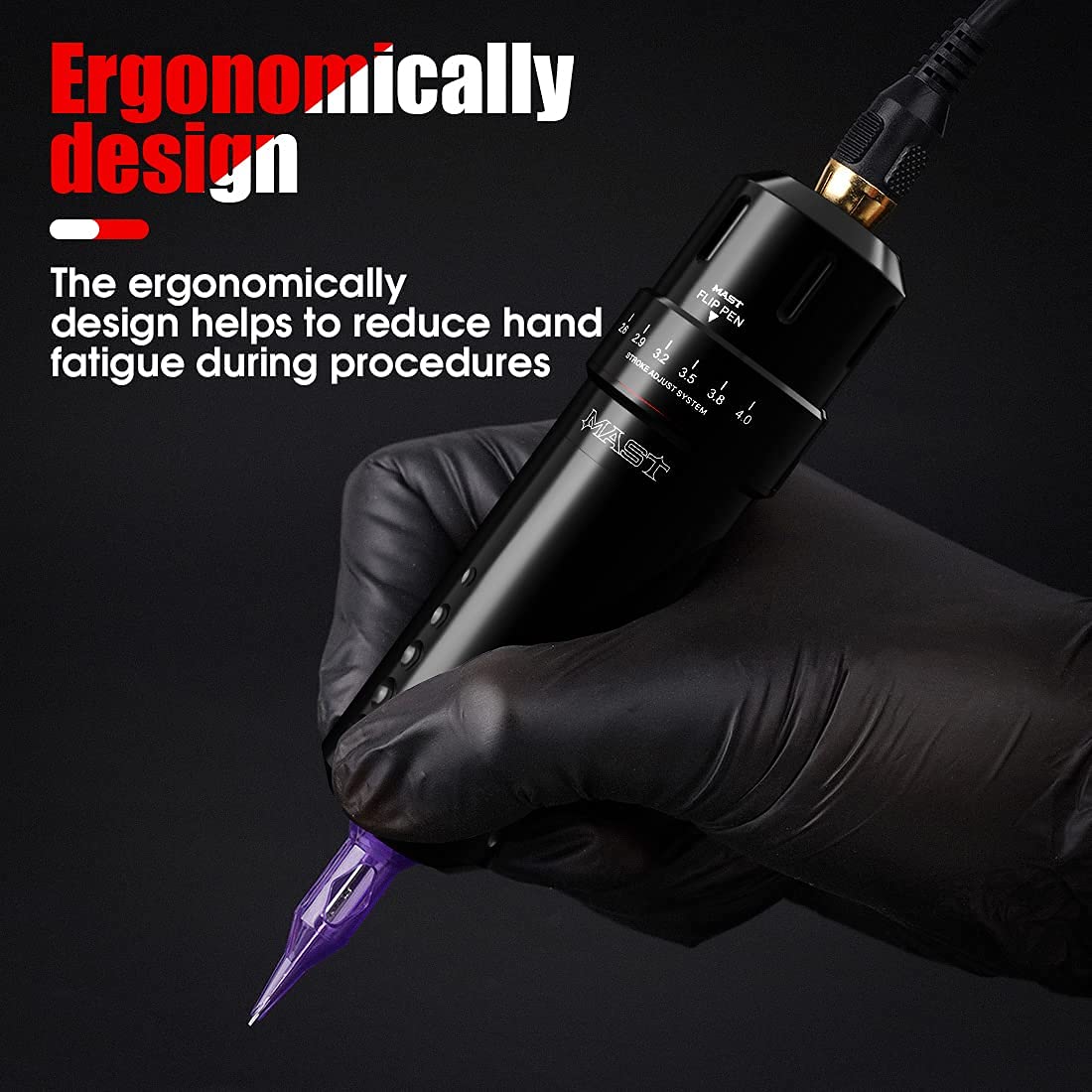 Flip Corded & Cordless Tattoo Gun Kit Rotary Tattoo Machine with 6 Strokes 2.6-4.0mm 2 Batteries 10 Needles Complete