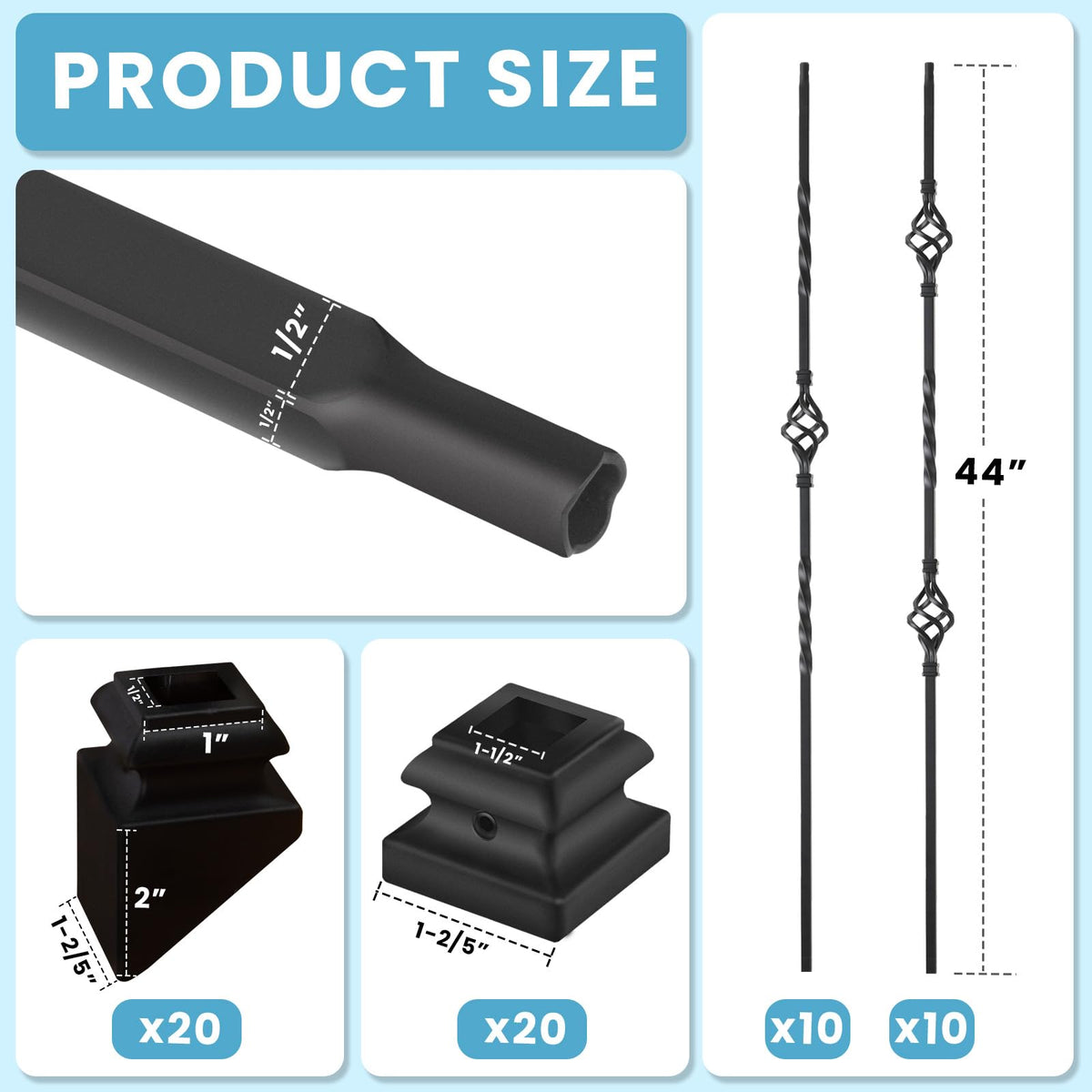 1/2" Square Iron Balusters - Single Basket & Double Basket - 20p