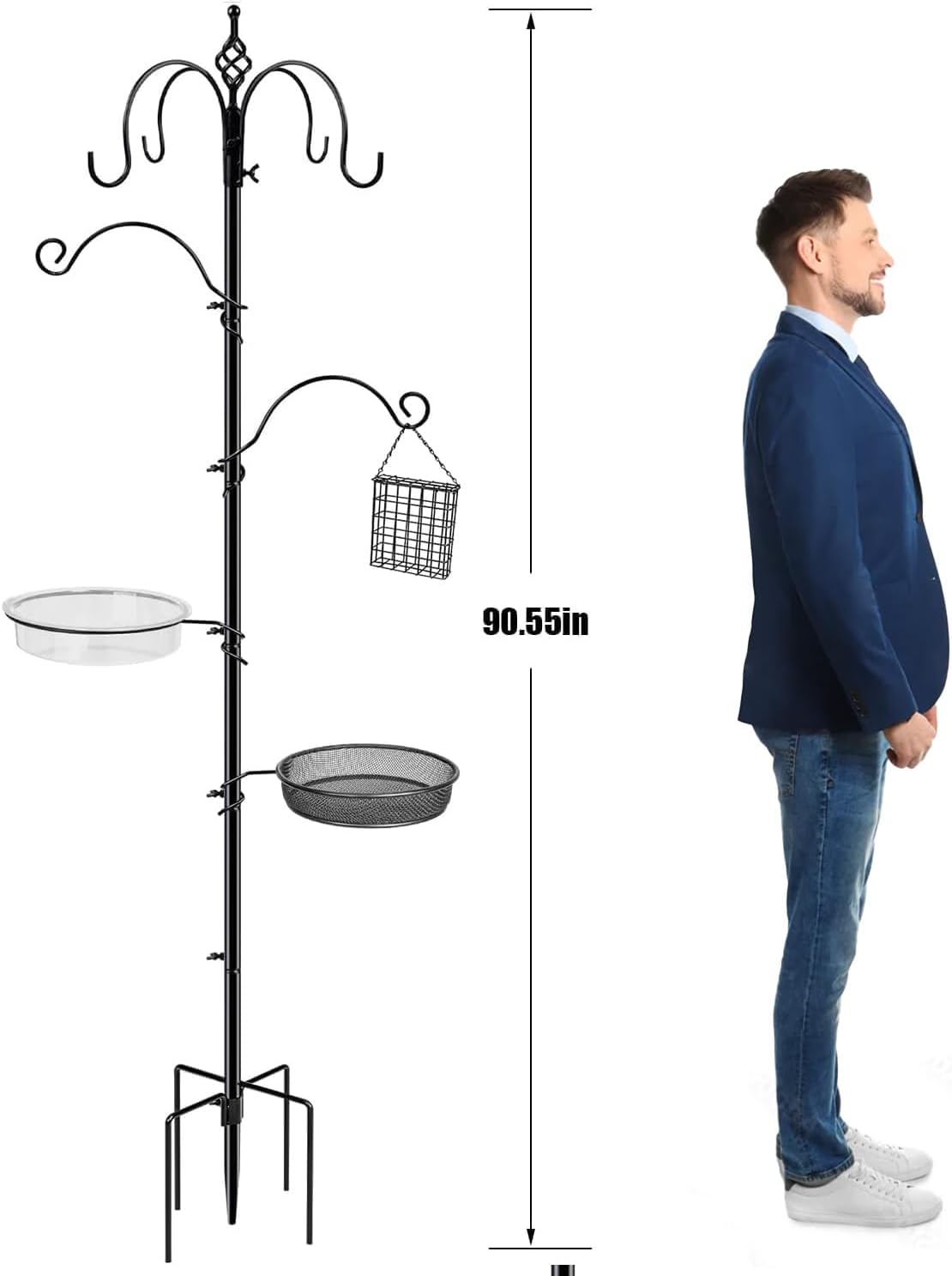 Bird Feeding Station, 90.55in 6-Hook Wild Bird Feeder Stand Pole with Water & Mesh Tray Humming Bird Feeders for