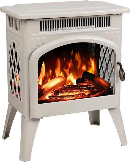 Electric Fireplace Heater 17" with Remote Control, Metal, Beige | Cathedral Stylish, Freestanding, Realistic Flame