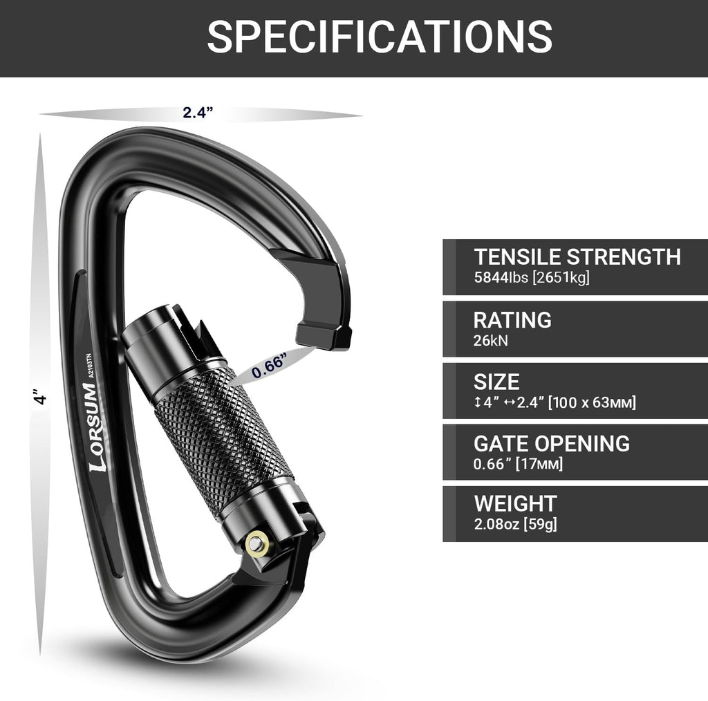 4" Auto Locking Climbing Carabiner, 26KN/ 5728lbs Large Carabiner Clips, UIAA Certified Heavy Duty Caribbean Clips