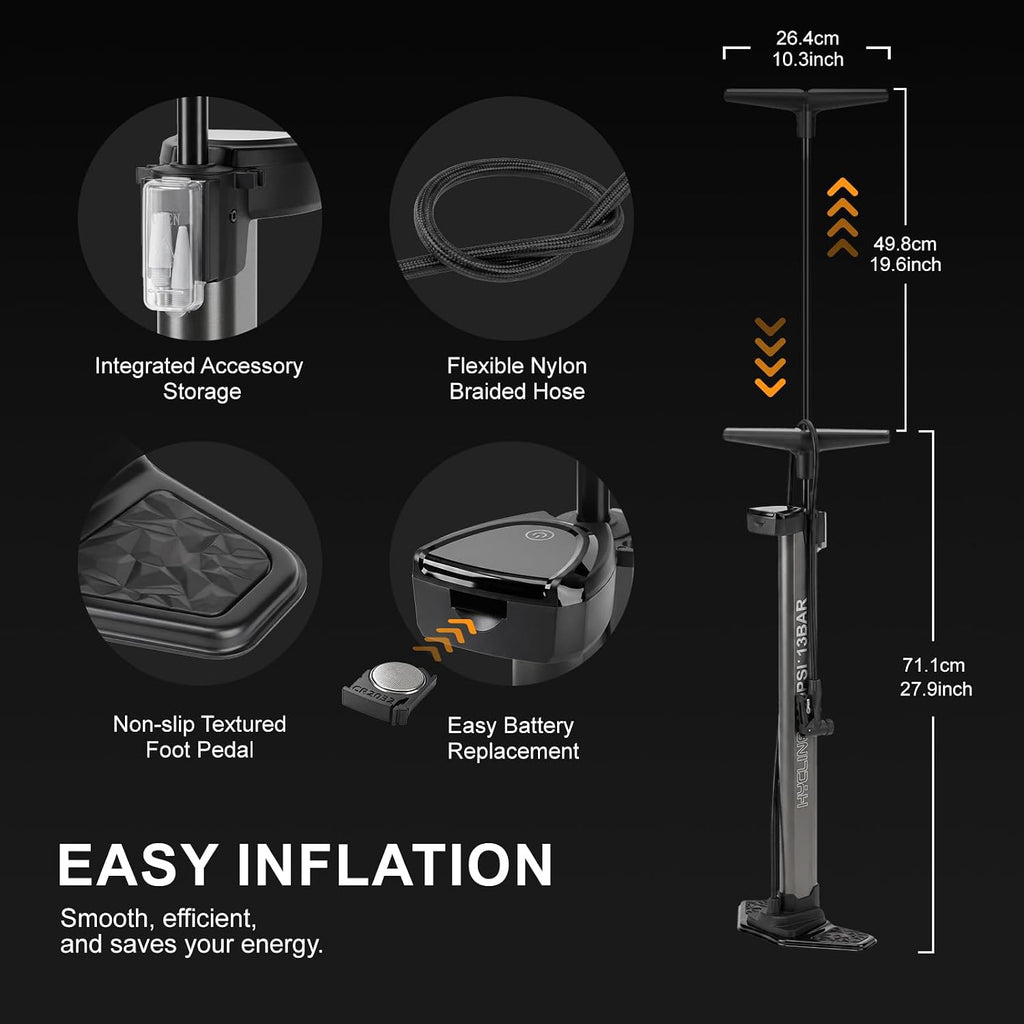 Tubeless Booster Bike Floor Pump: 200 PSI Digital Gauge Air Tank