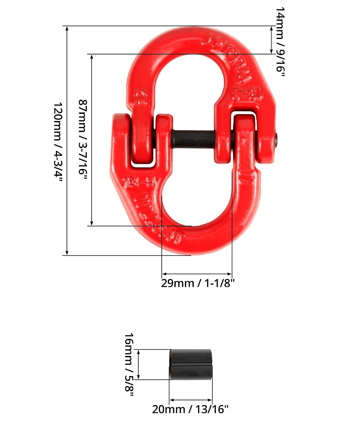 QWORK G80 Alloy Steel Hammerlock Coupling Link Connecting Link, 1/2", Red Painted, 12000 lbs Working Load Limit, 4 Pack