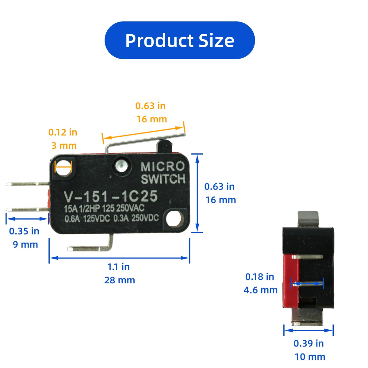 12 Pcs Micro Limit Switch with Short Hinge Lever SPDT 1NO 1NC Microswitch V-151-1C25