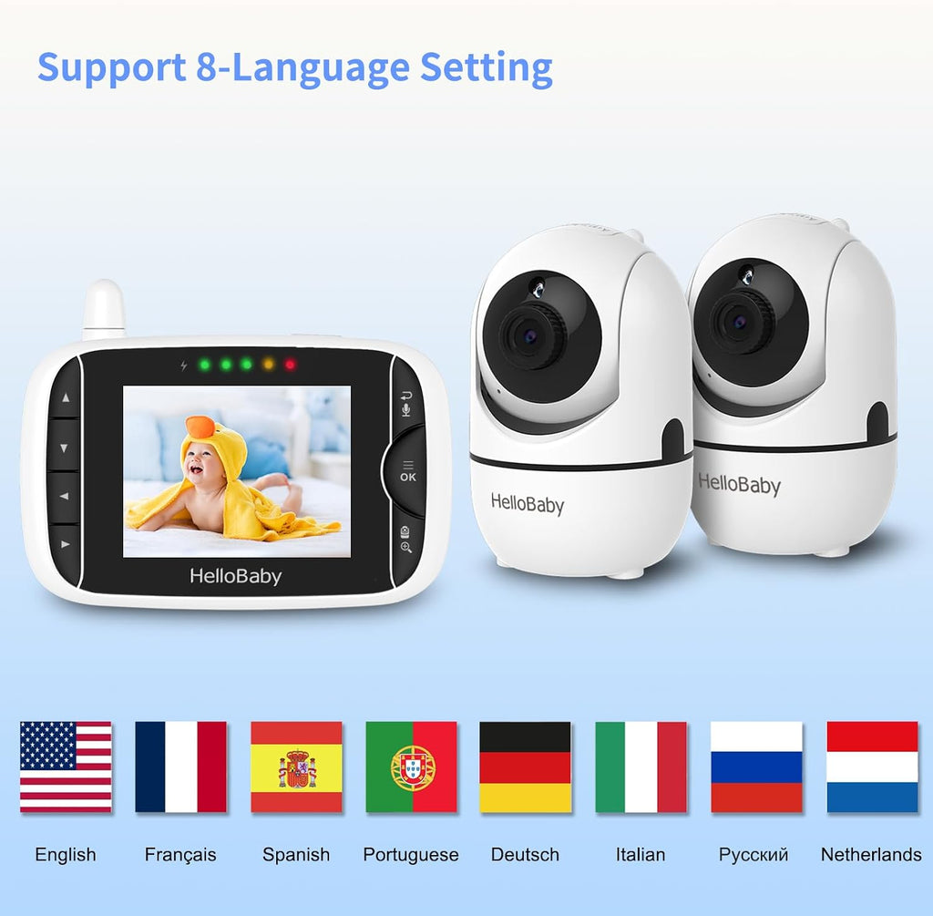 Baby Monitor with 2 Cameras and Audio, No WiFi, 3.2" Screen | Infrared Night Vision, Remote Pan/Tilt/Zoom Camera, ECO