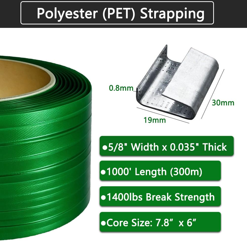 PET Strapping Banding Roll 5/8" x 0.035" 1400lbs Break Strength Polyester Strap for Heavy Duty Packaging with 100