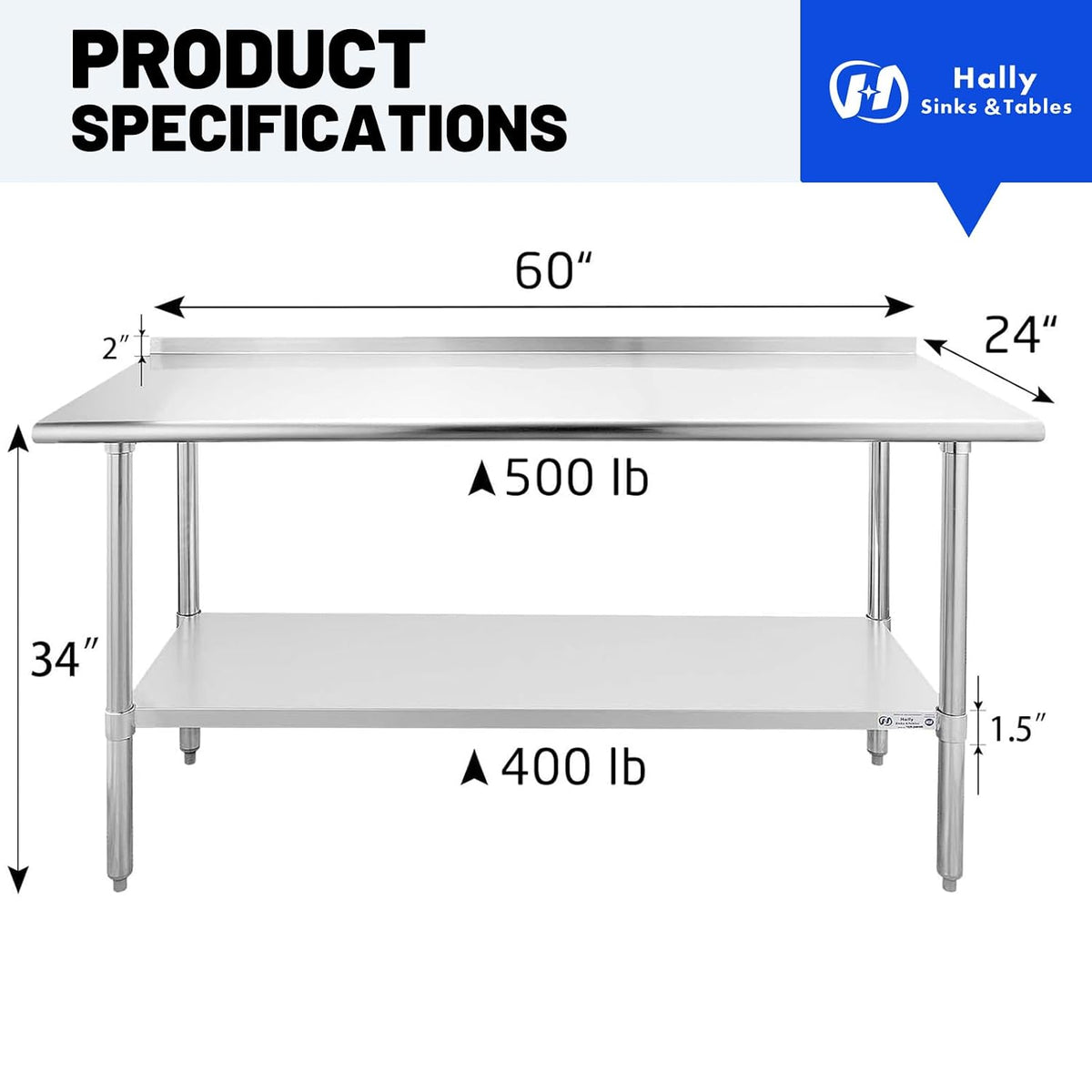 Hally Stainless Steel Table for Prep & Work 24" x 60" with Backsplash NSF