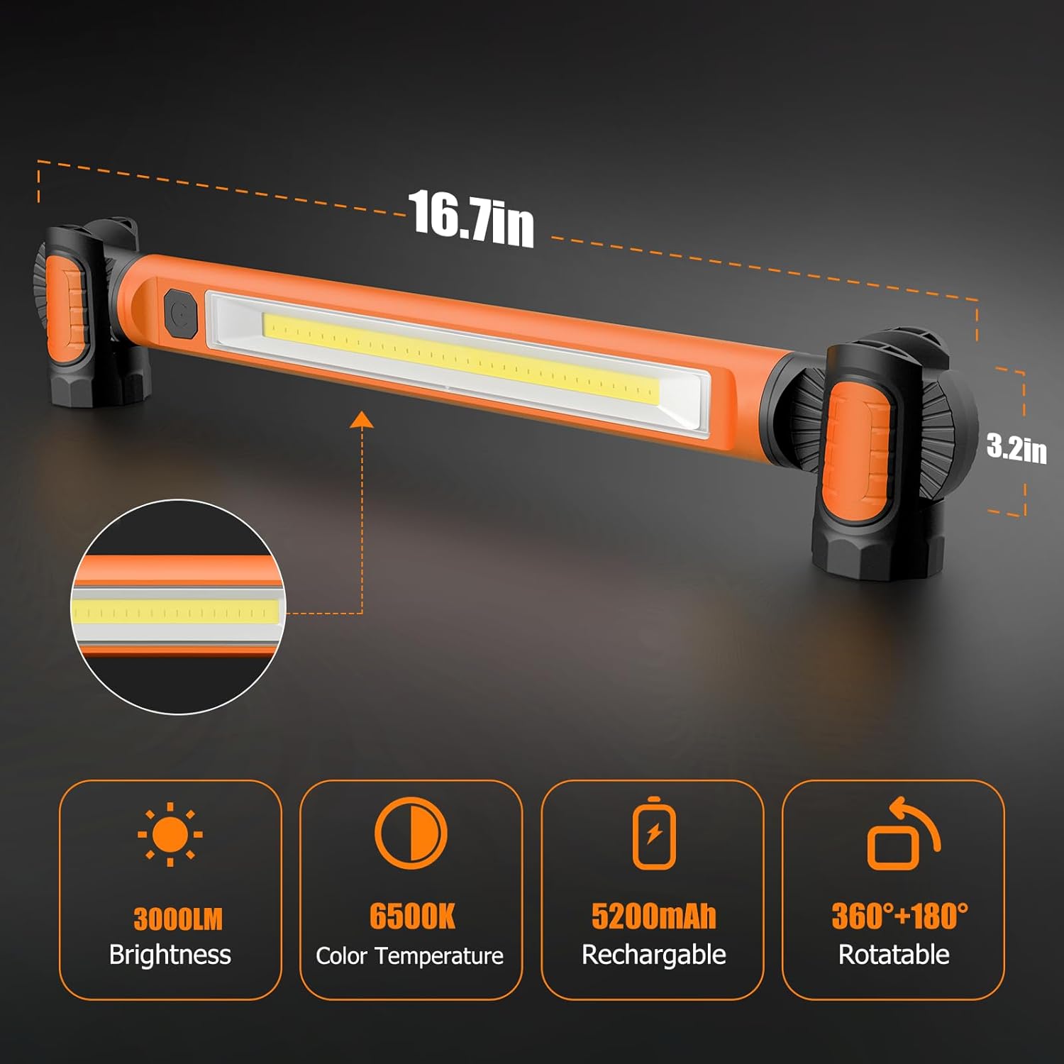 Mechanic Work Light, wokelux 3000LM LED Work Light, 5200mAh Rechargeable Magnetic Work Light, Underhood Cordless Work