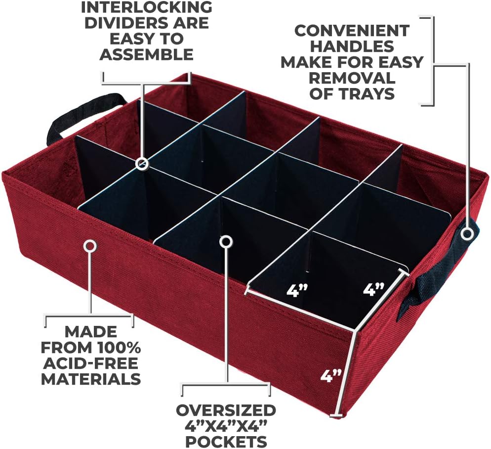 Christmas Ornament Storage Box, Holds 36-4 Inch Ornaments | Adjustable Acid-Free Dividers, 3 Removable Trays with