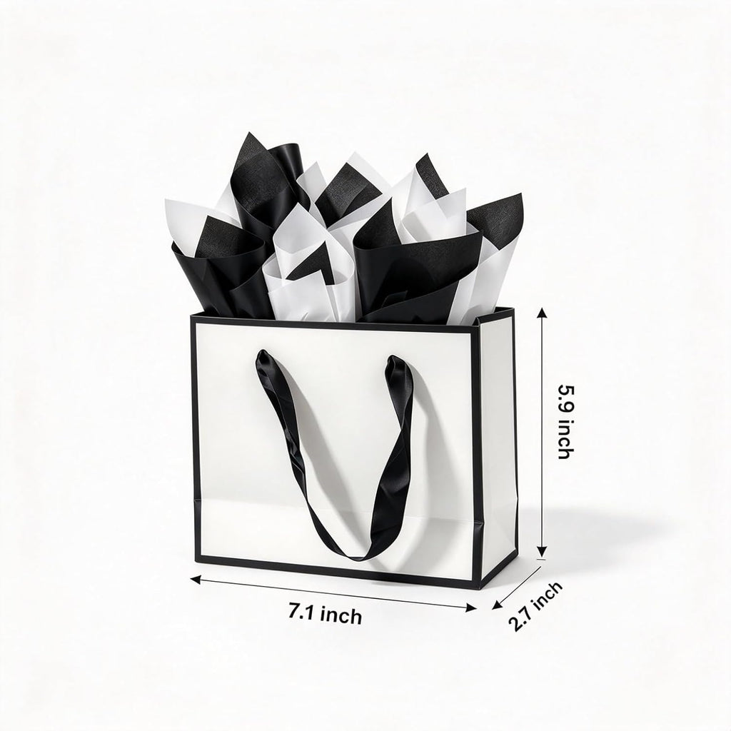 Small White & Black Gift Bags with Handles and Tissue Paper, 4 Pack
