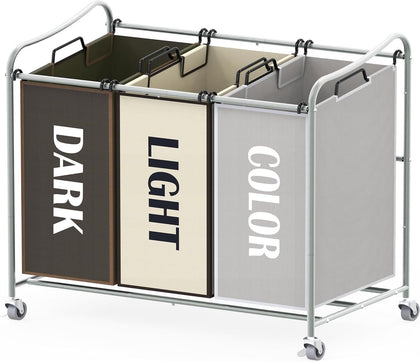 Heavy Duty 3-Bag Laundry Sorter Rolling Cart, Assorted | Removable Bags and Lockable Wheels for Laundry Room