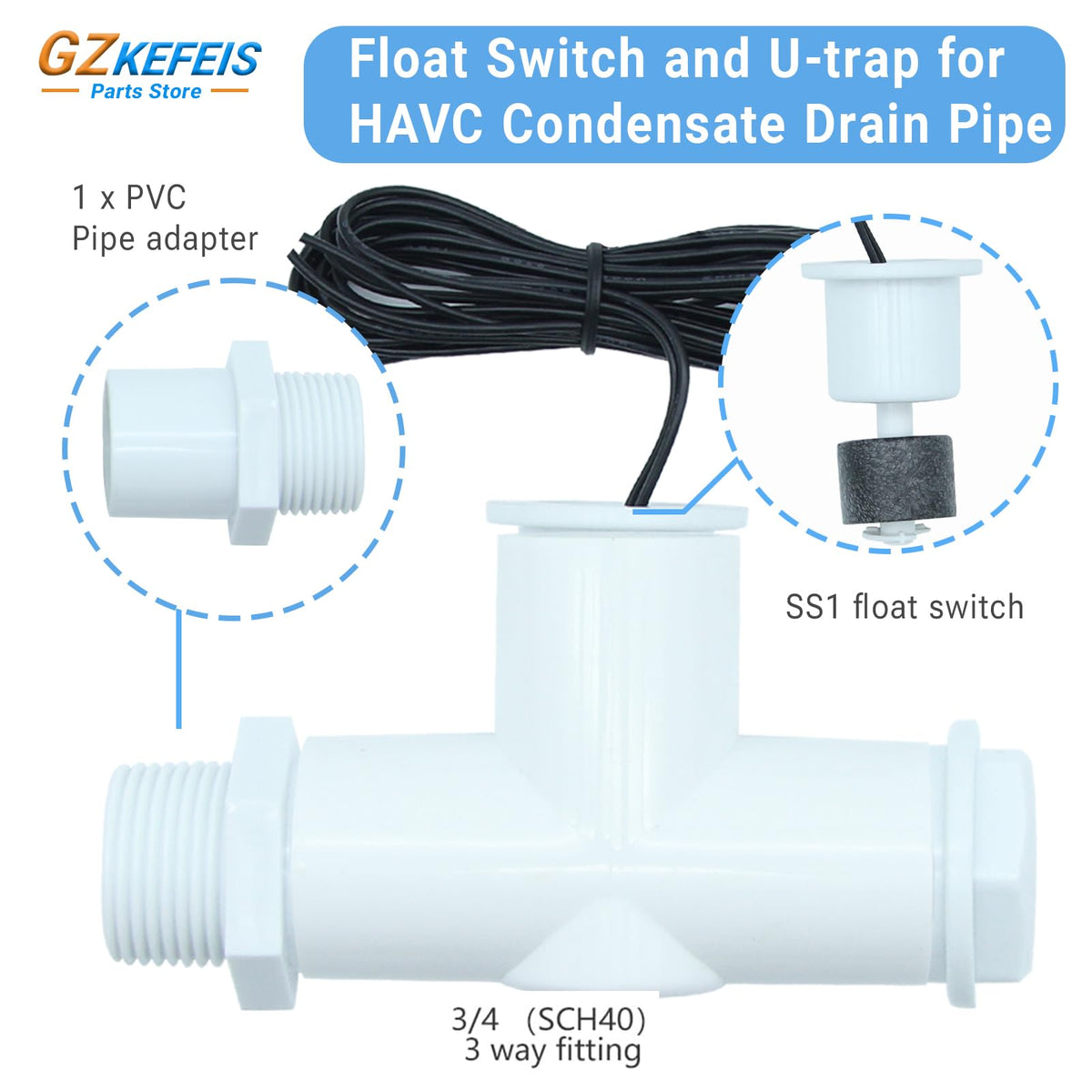 SS1 Condensate Overflow Switch, SS1 Float Switch with 3/4 Inch Adaptor and 6FT Wire, HVAC Overflow Shut Off Float Switch for HVAC System, Detect Condensate Overflow