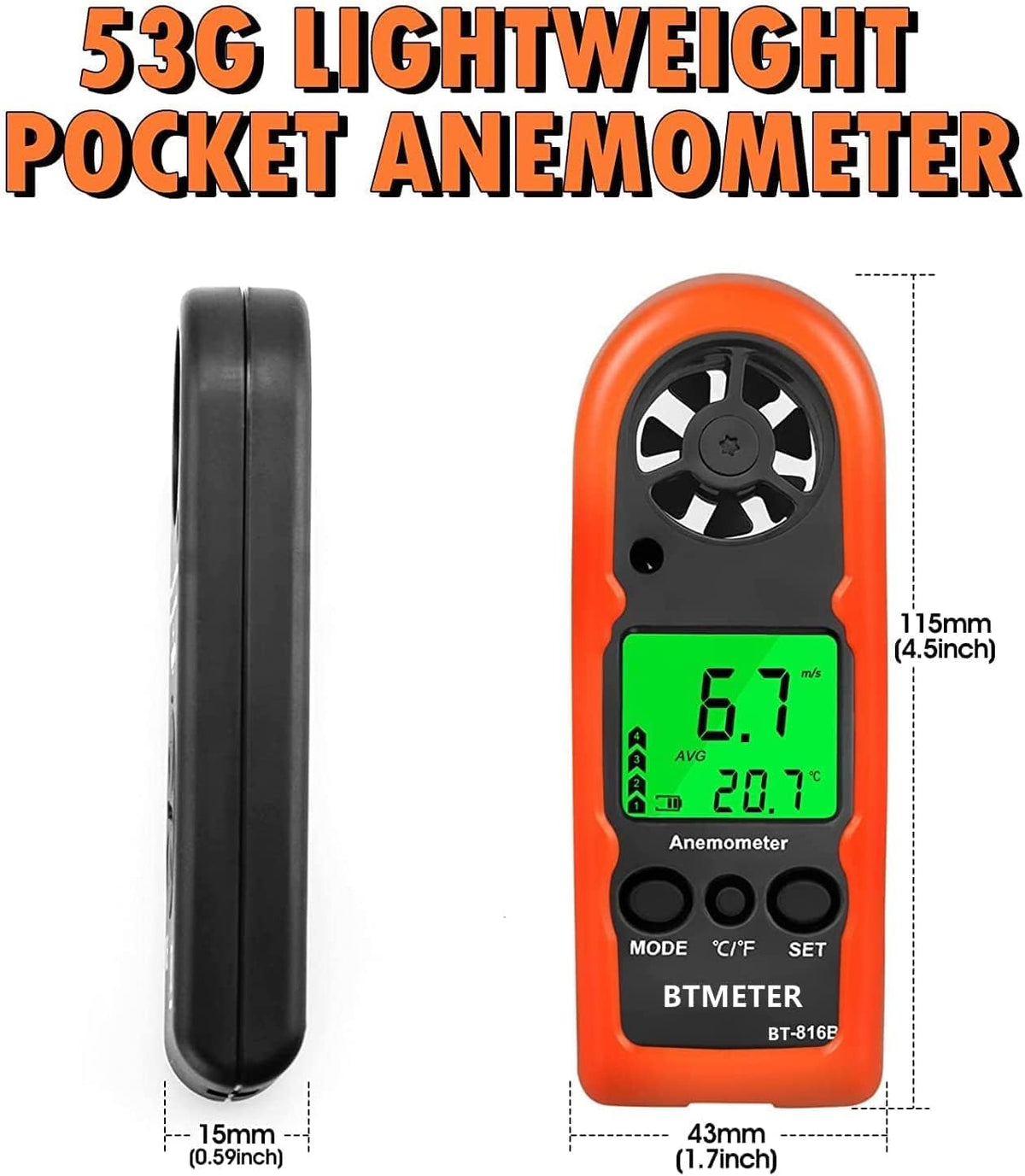BTMETER Anemometer Handheld Wind Speed Meter BT-816B (Range: 0.2–67 MPH)