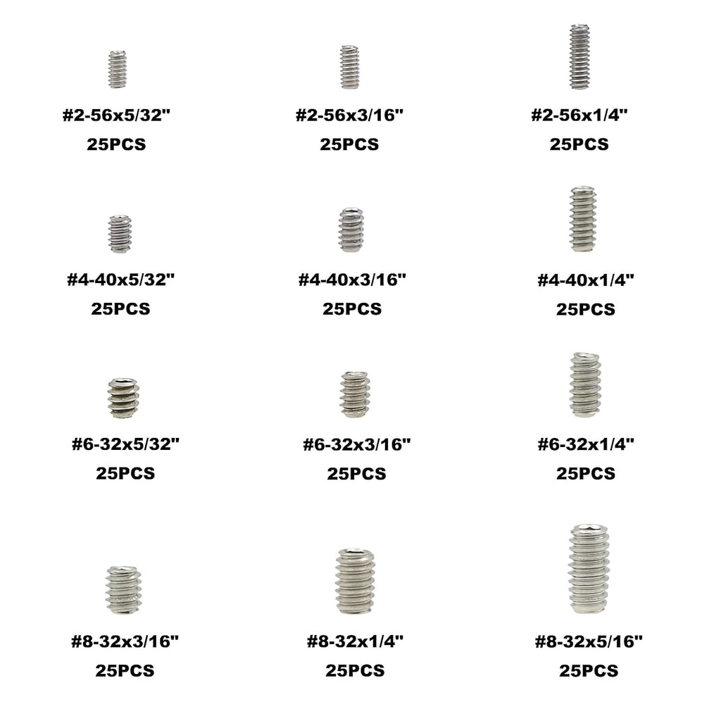 300PCS #2-56#4-40#6-32#8-32 UNC 304 SS Cup Point Set Screws Kit